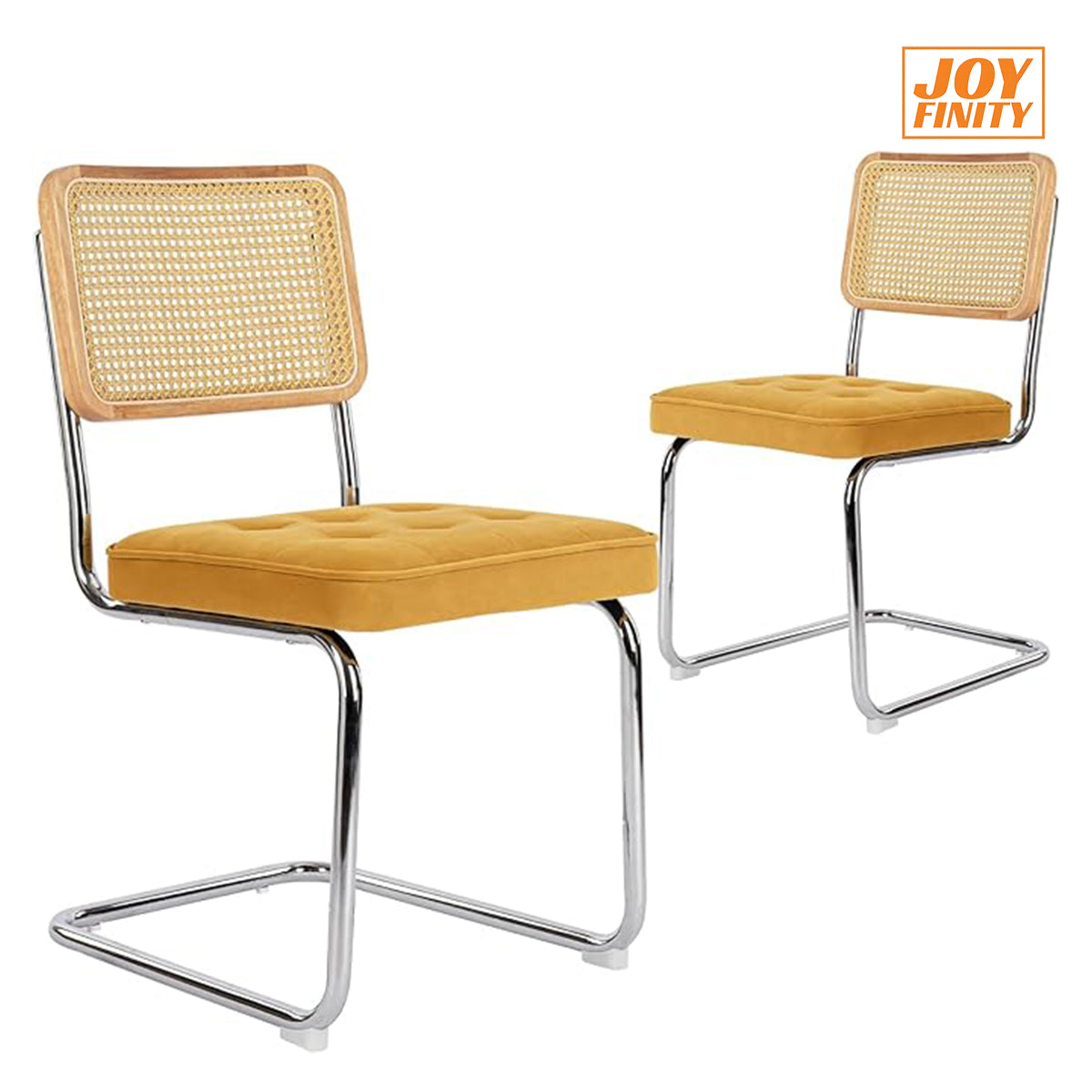 JOYFINITY Mid Century Modern Dining Chairs Set of 2 Armless Rattan Dining Room Kitchen Side Chairs with Metal Chrome Legs and Upholstered Seat for Home Living Room Bedroom