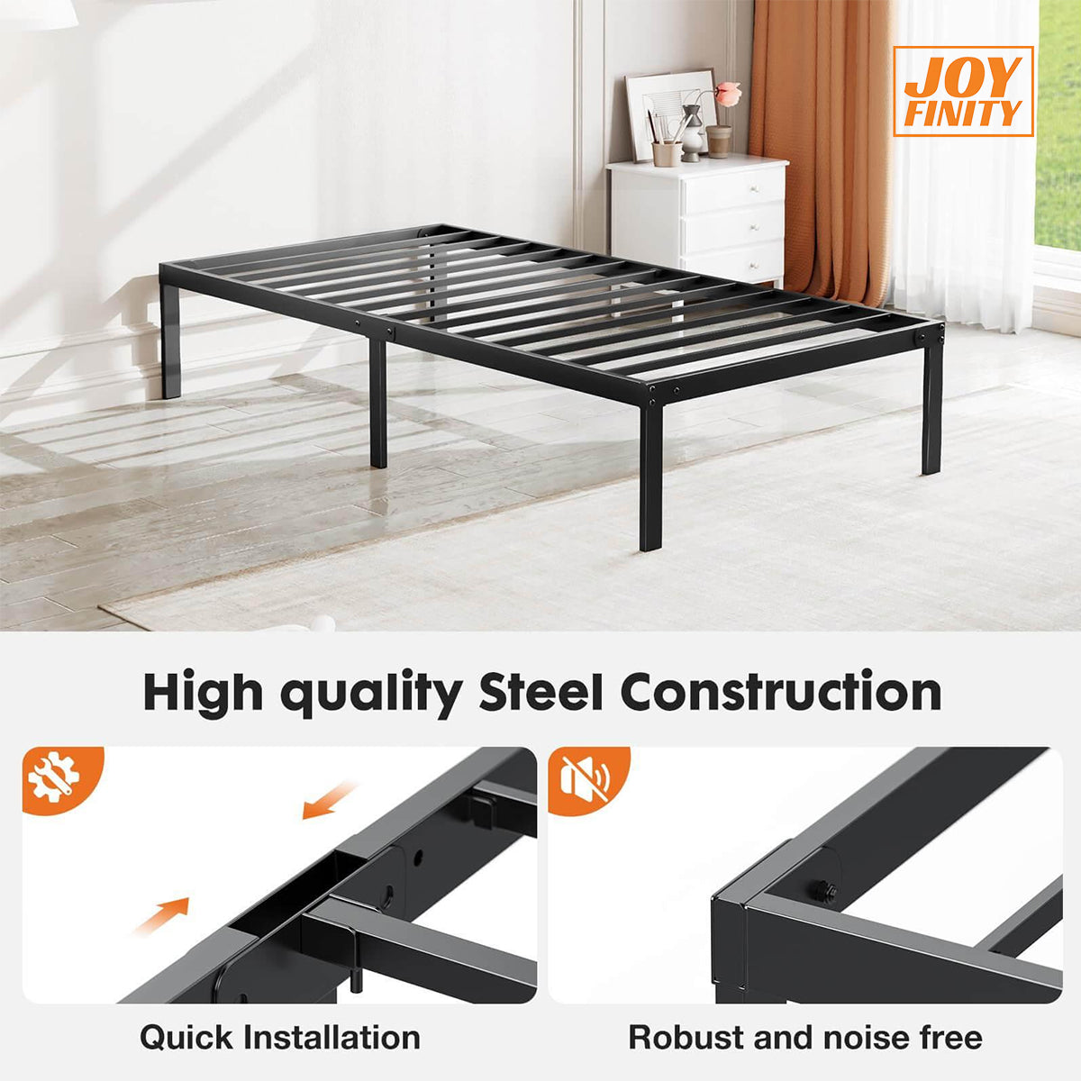 JOYFINITY Heavy Duty Metal Bed Frame with Sturdy Steel Slat Support, No Box Spring Needed