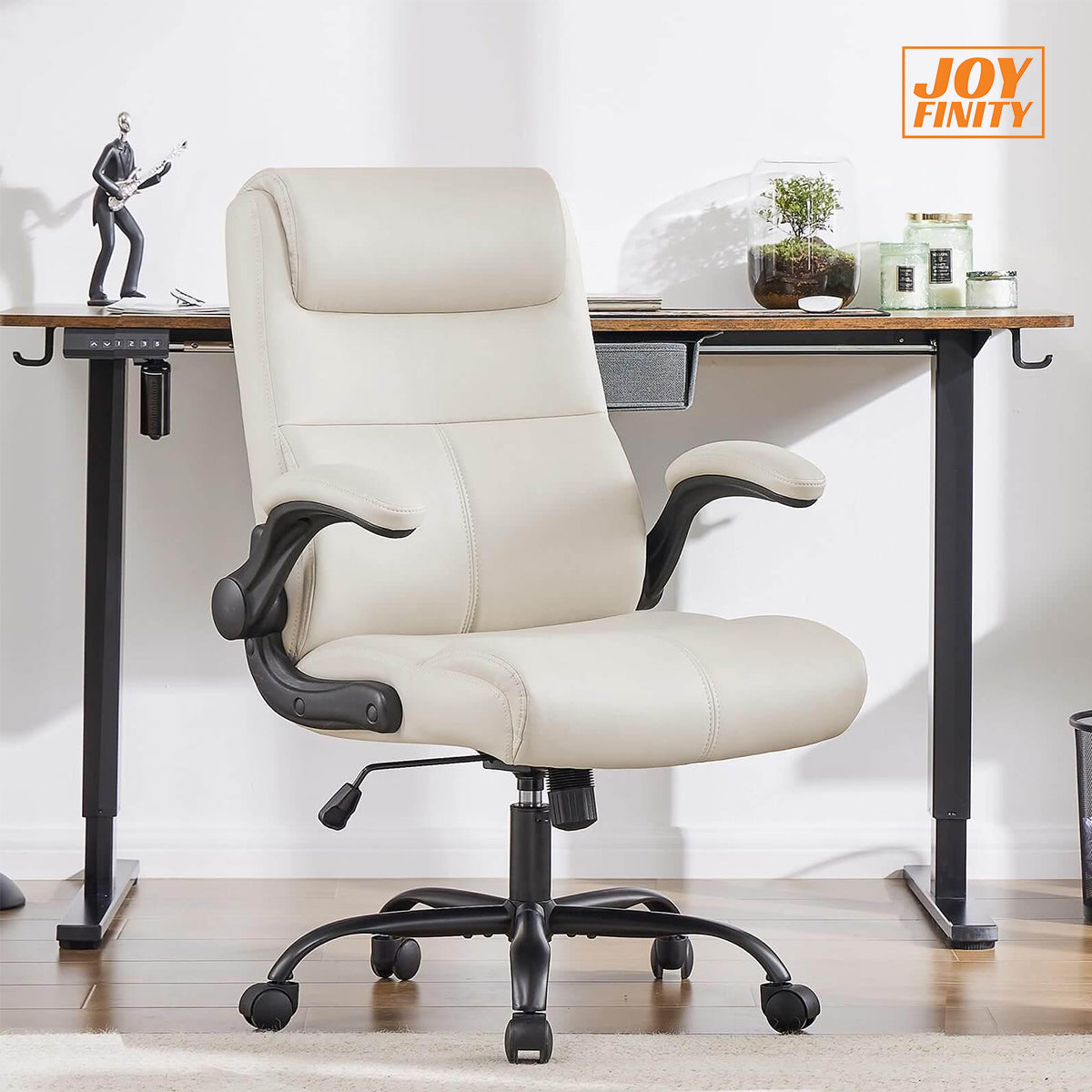 JOYFINITY PU Leather 360° Swivel Ergonomic Office Chair with Flip-up Armrest and Lumbar Support