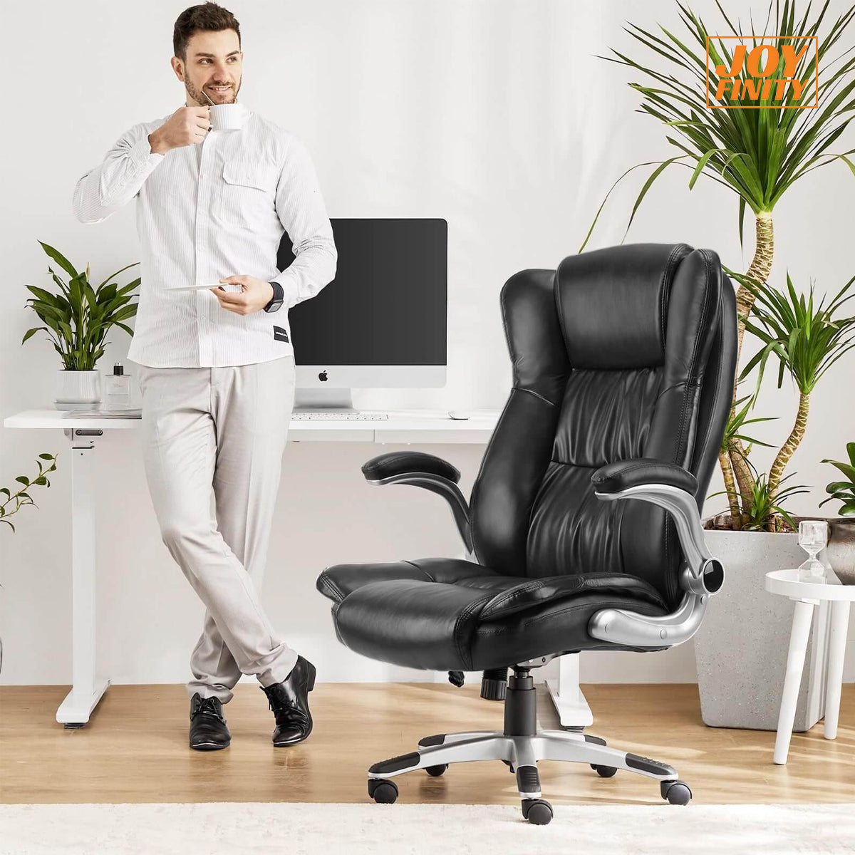 JOYFINITY PU Leather Ergonomic Adjustable Height Office Chair with Lumbar Support Flip-up Padded Armrests