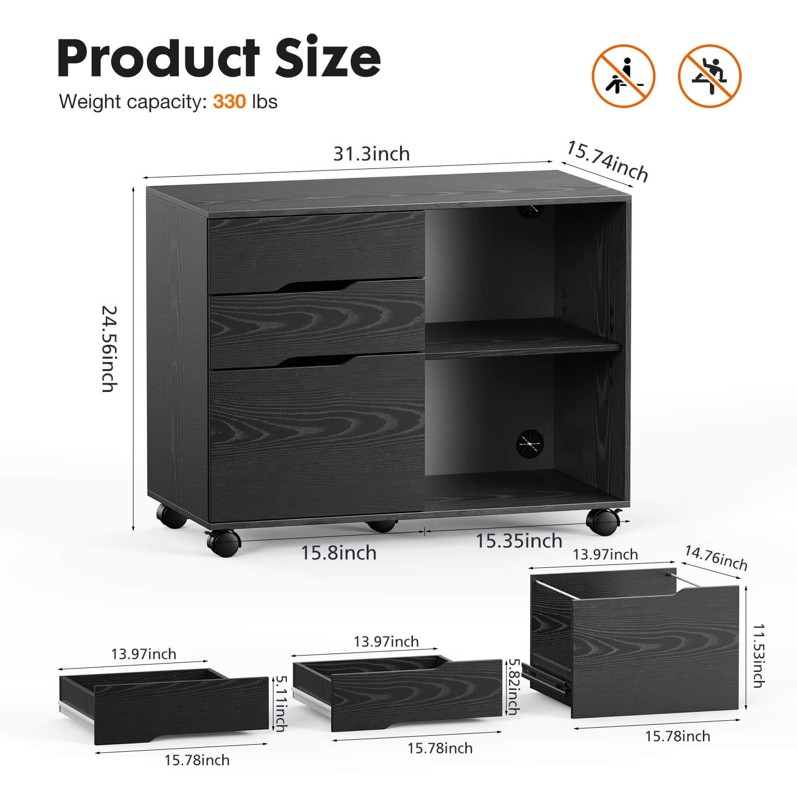 File Cabinet with Lock and Drawer, Mobile Lateral Filing Cabinet Printer Stand with Wheels and Storage Shelves, Black