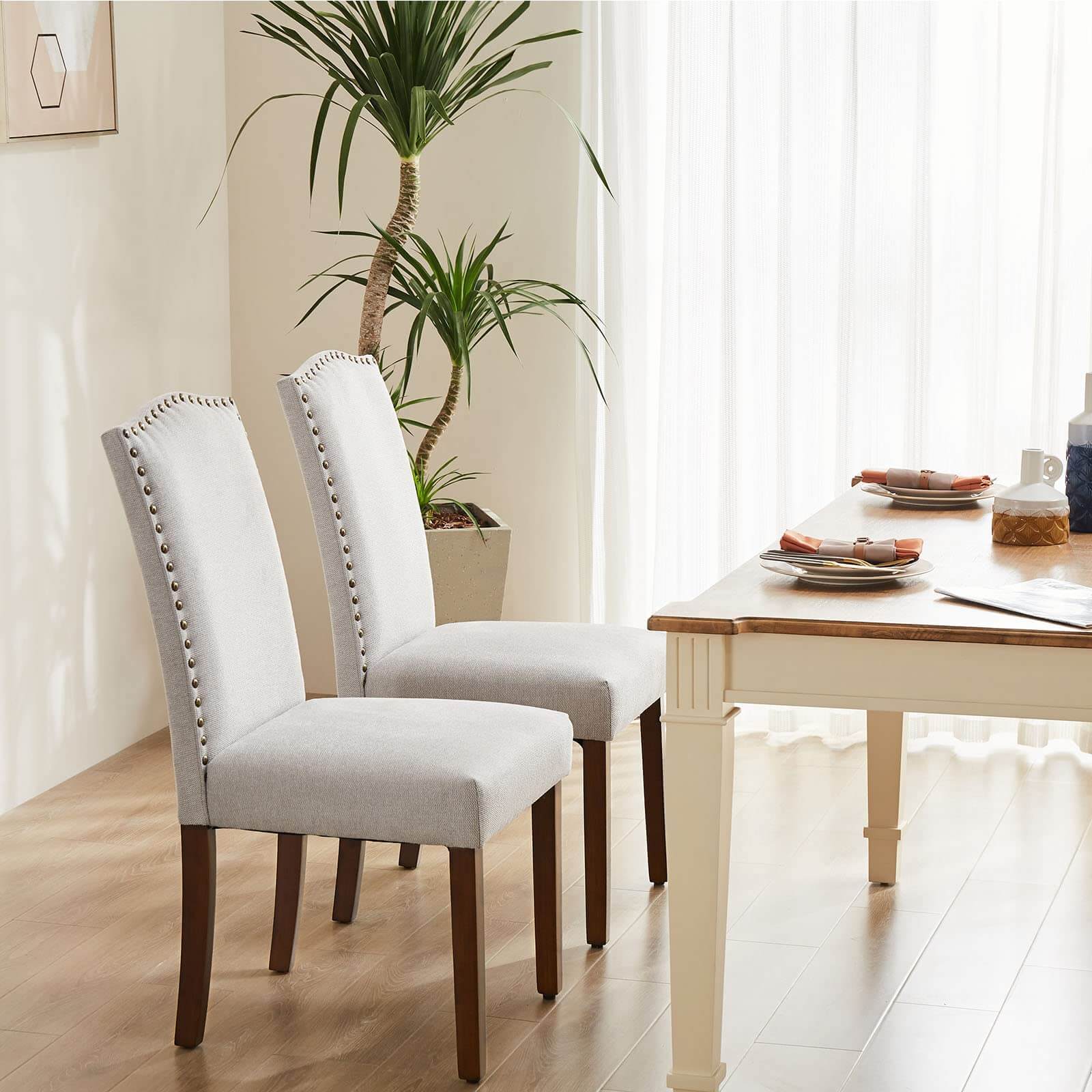 JOYFINITY Modern Armless Dining Chairs With Upholstered Fabric,Nailhead Trim And Wood Legs