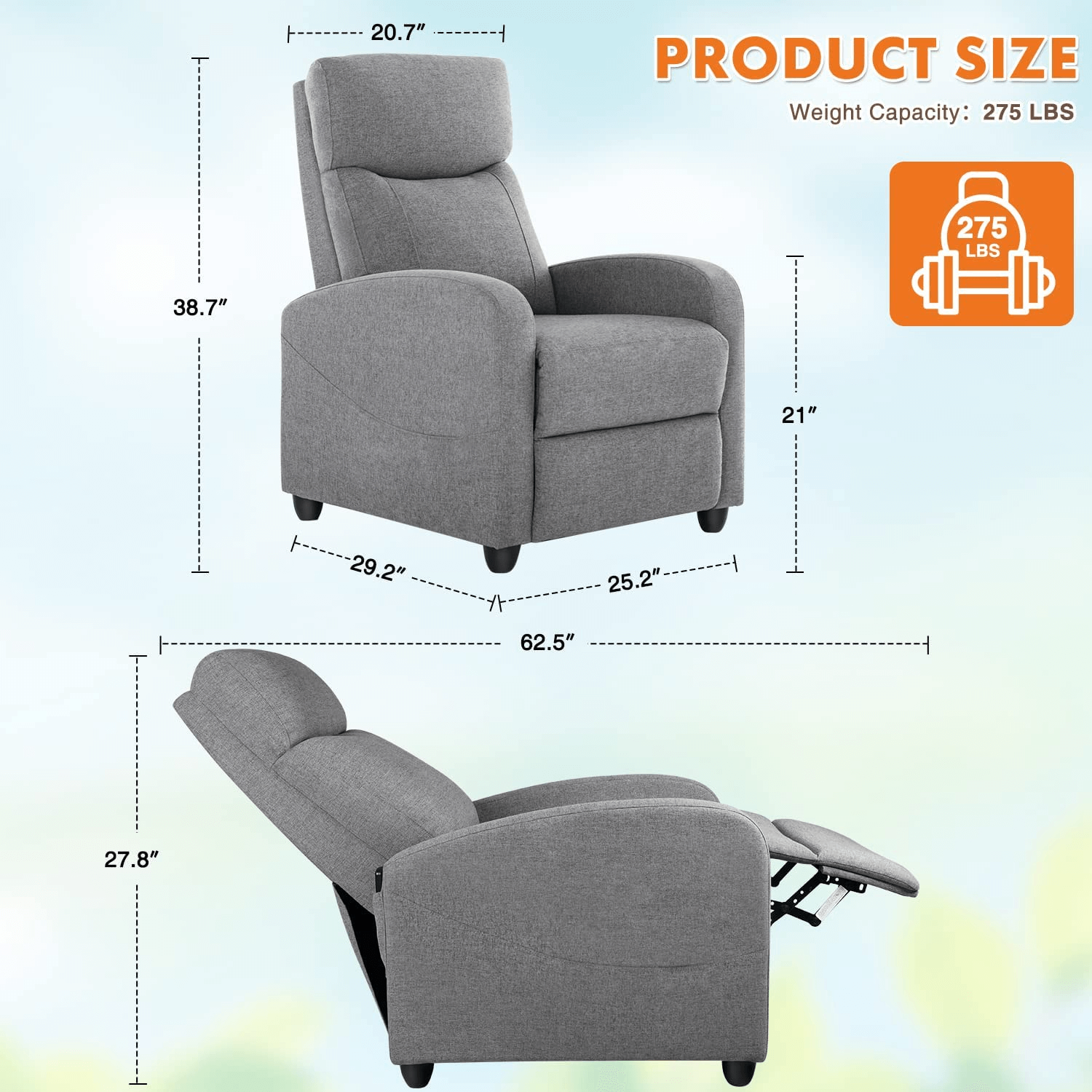 JOYFINITY Manual Recliner Chair Winback Single Sofa,Massage and Heating,Casual Chair For Living Room