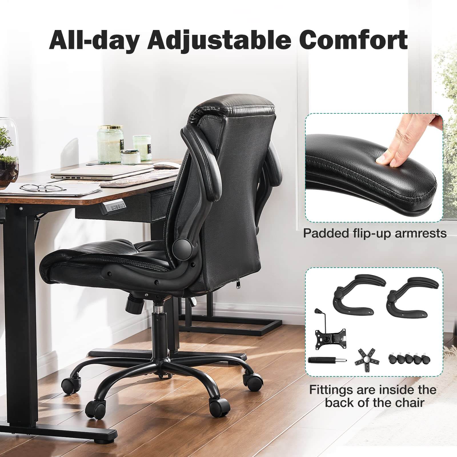 JOYFINITY Leather Ergonomic Adjustable Computer Office Chair with Flip-up Armrest, Cushion Lumbar Back Support