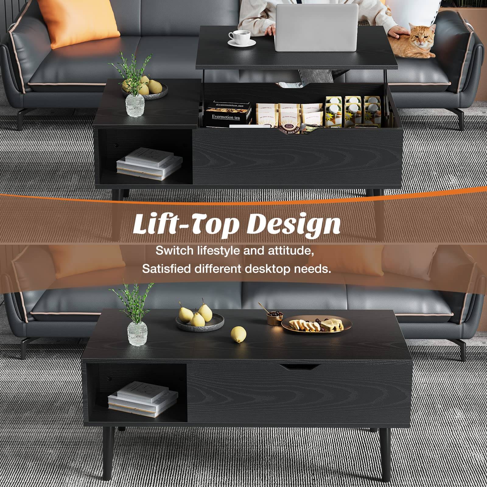 JOYFINITY Lift Tabletop Coffee Tables for Living Room with Storage Shelf and Hidden Compartment