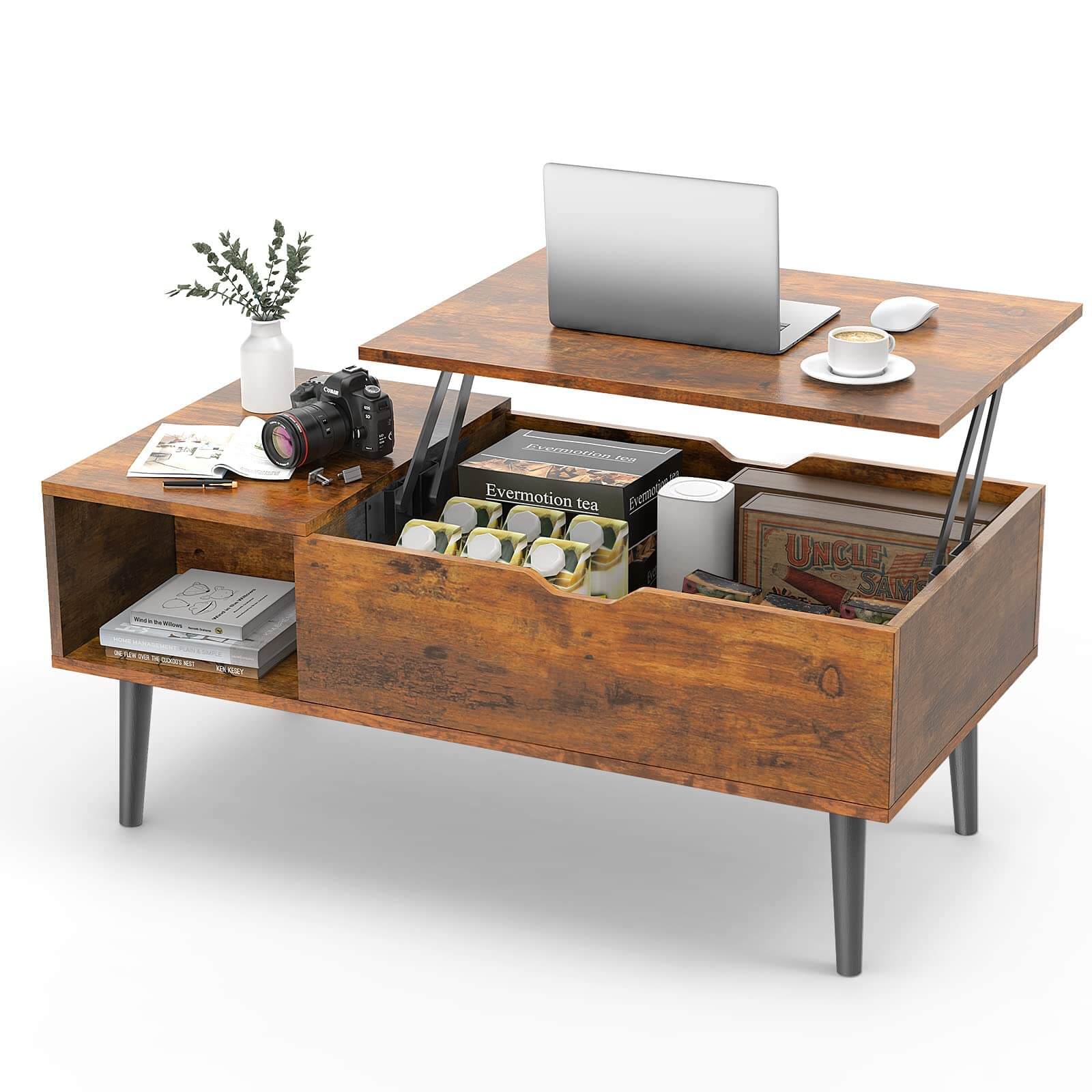 JOYFINITY Lift Tabletop Coffee Tables for Living Room with Storage Shelf and Hidden Compartment