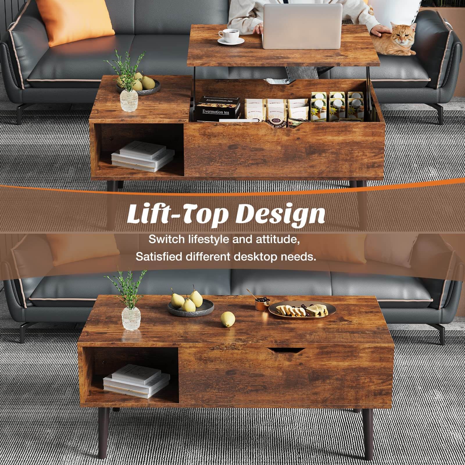 JOYFINITY Lift Tabletop Coffee Tables for Living Room with Storage Shelf and Hidden Compartment