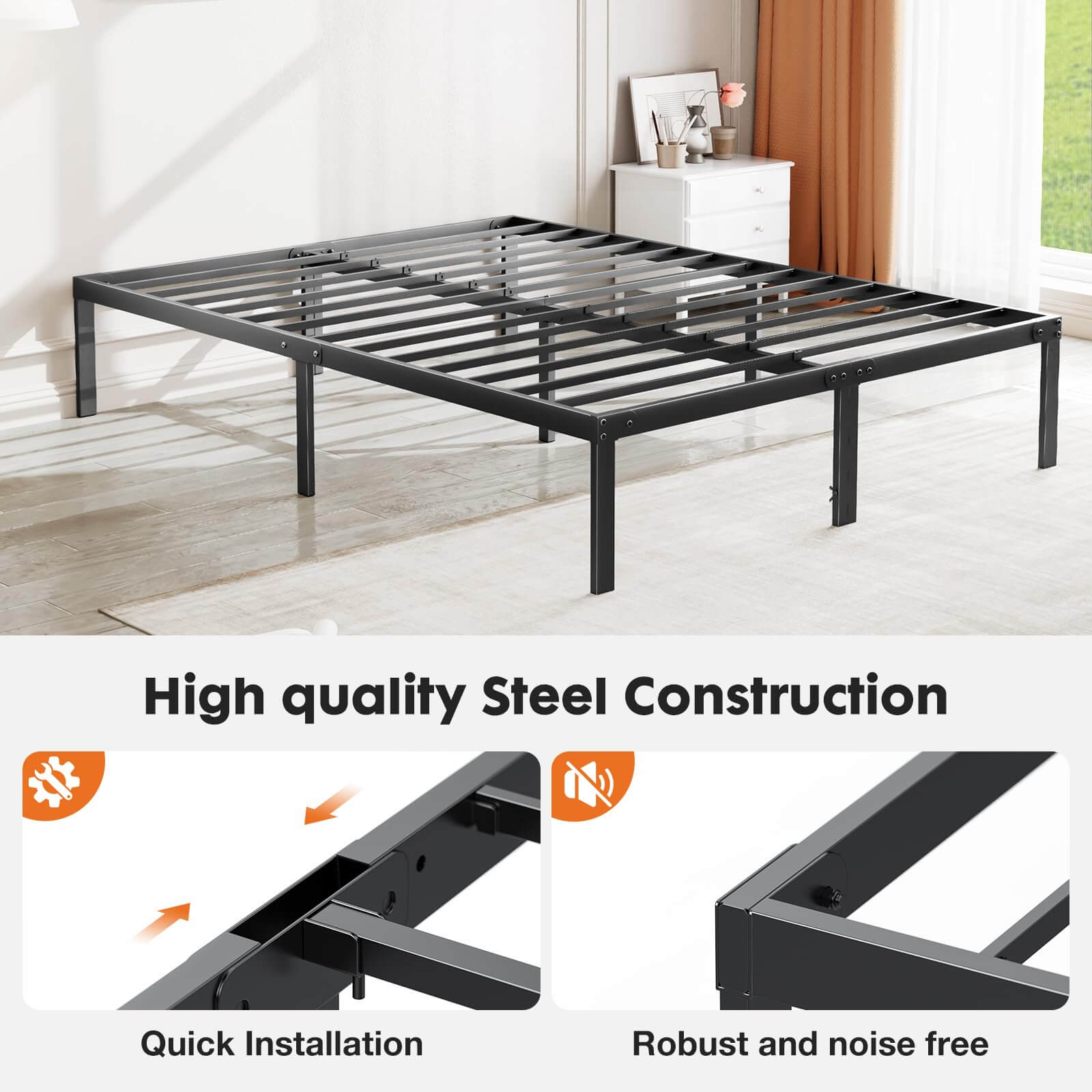 JOYFINITY Heavy Duty Metal Bed Frame with Sturdy Steel Slat Support, No Box Spring Needed