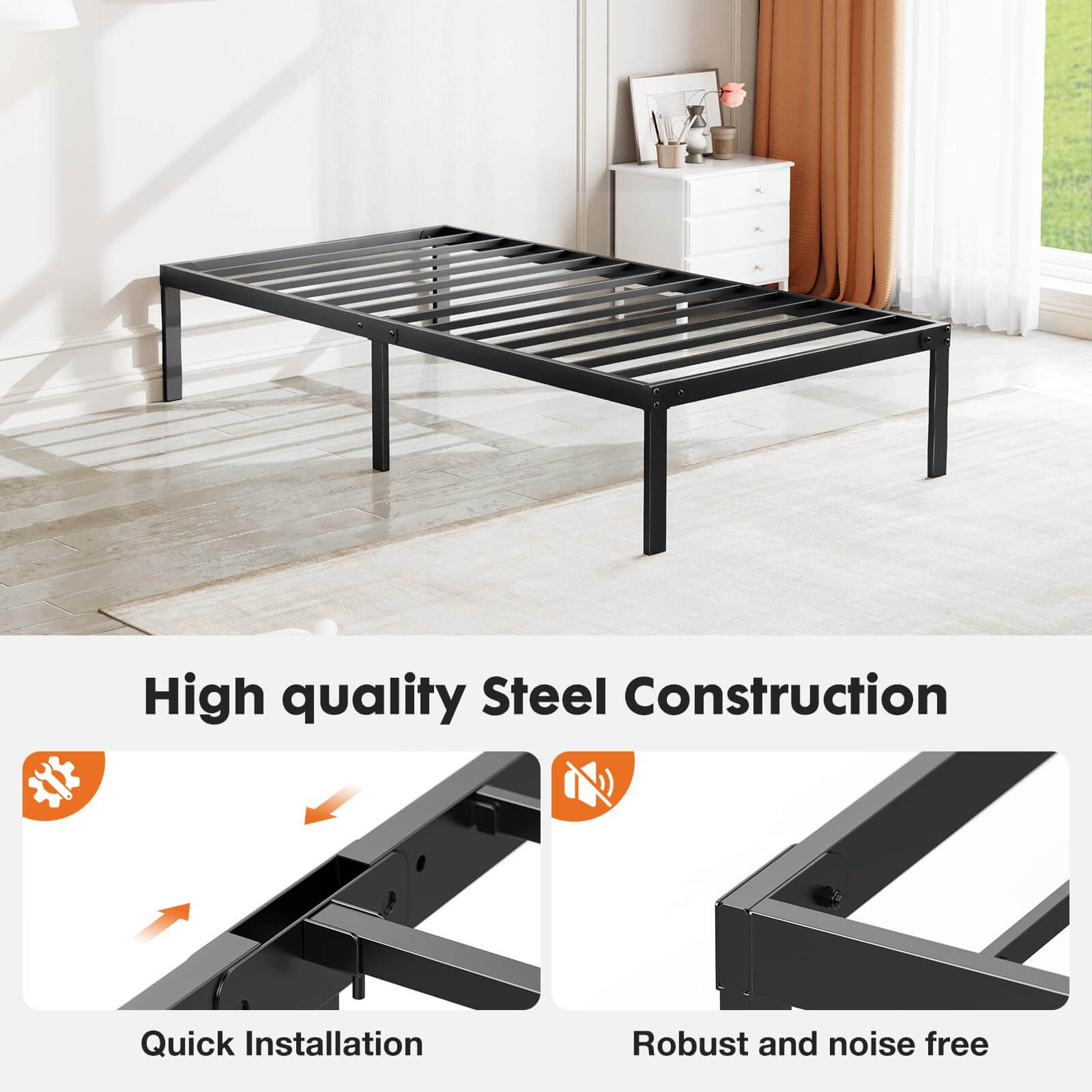 JOYFINITY Heavy Duty Metal Bed Frame with Sturdy Steel Slat Support, No Box Spring Needed