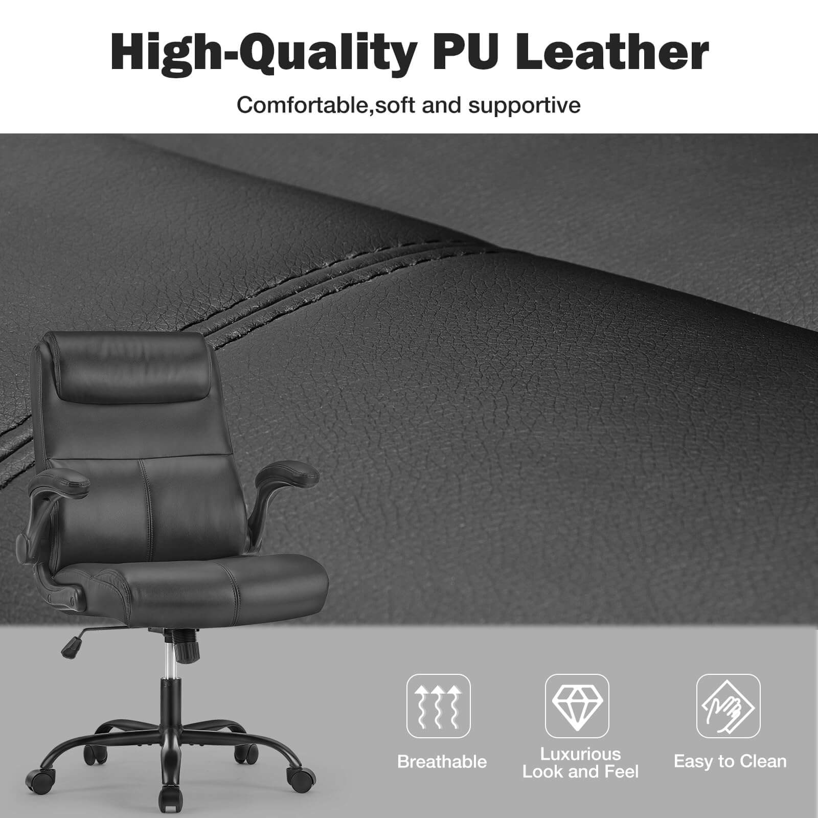 JOYFINITY PU Leather 360° Swivel Ergonomic Office Chair with Flip-up Armrest and Lumbar Support