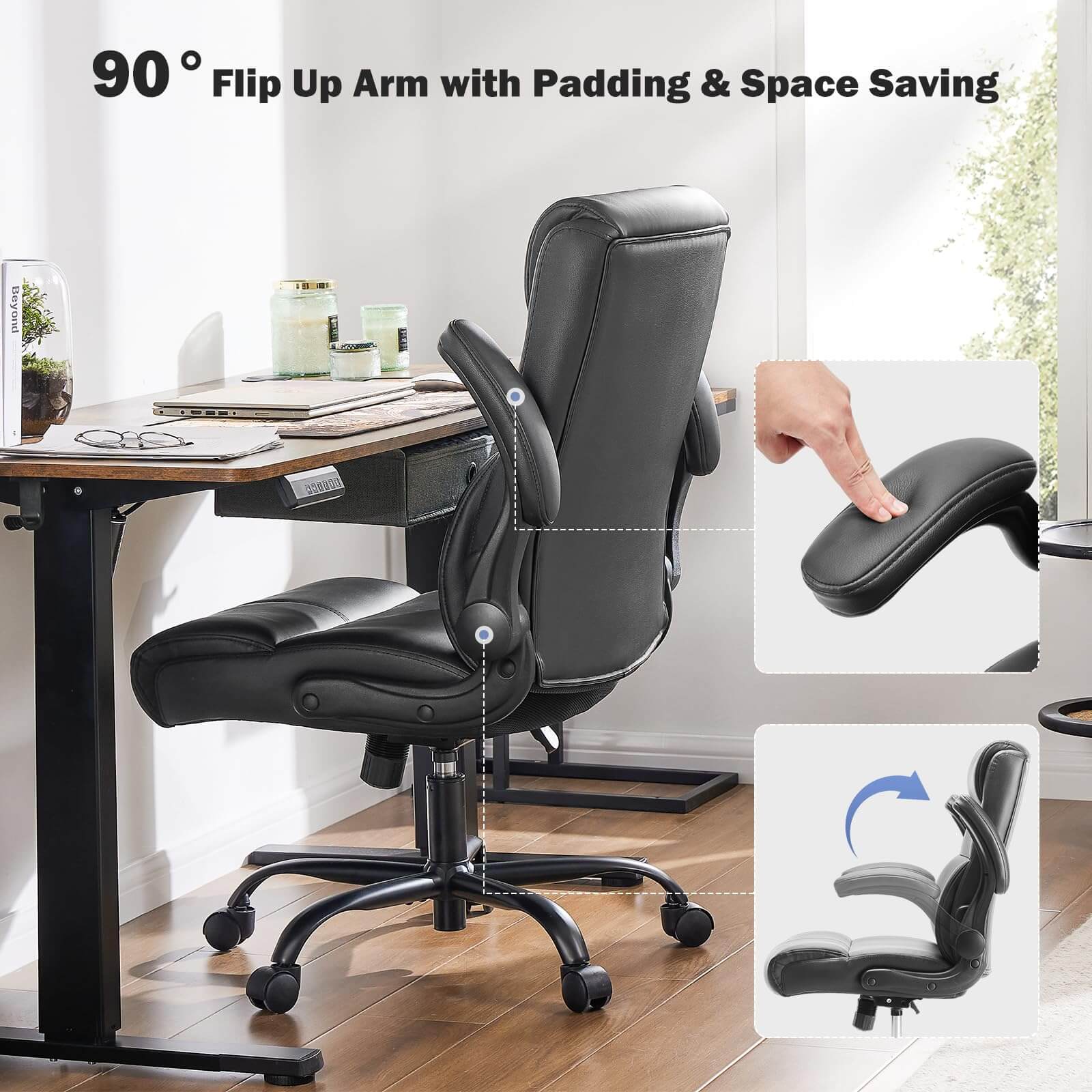 JOYFINITY PU Leather 360° Swivel Ergonomic Office Chair with Flip-up Armrest and Lumbar Support