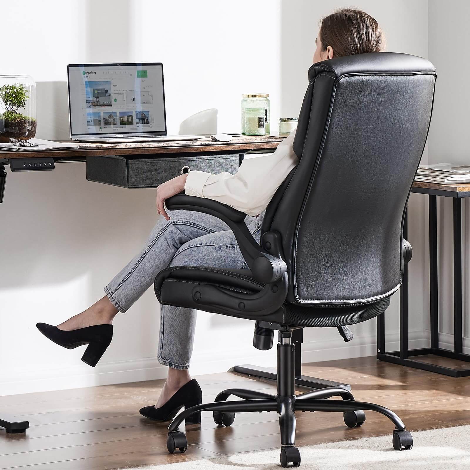 JOYFINITY PU Leather 360° Swivel Ergonomic Office Chair with Flip-up Armrest and Lumbar Support