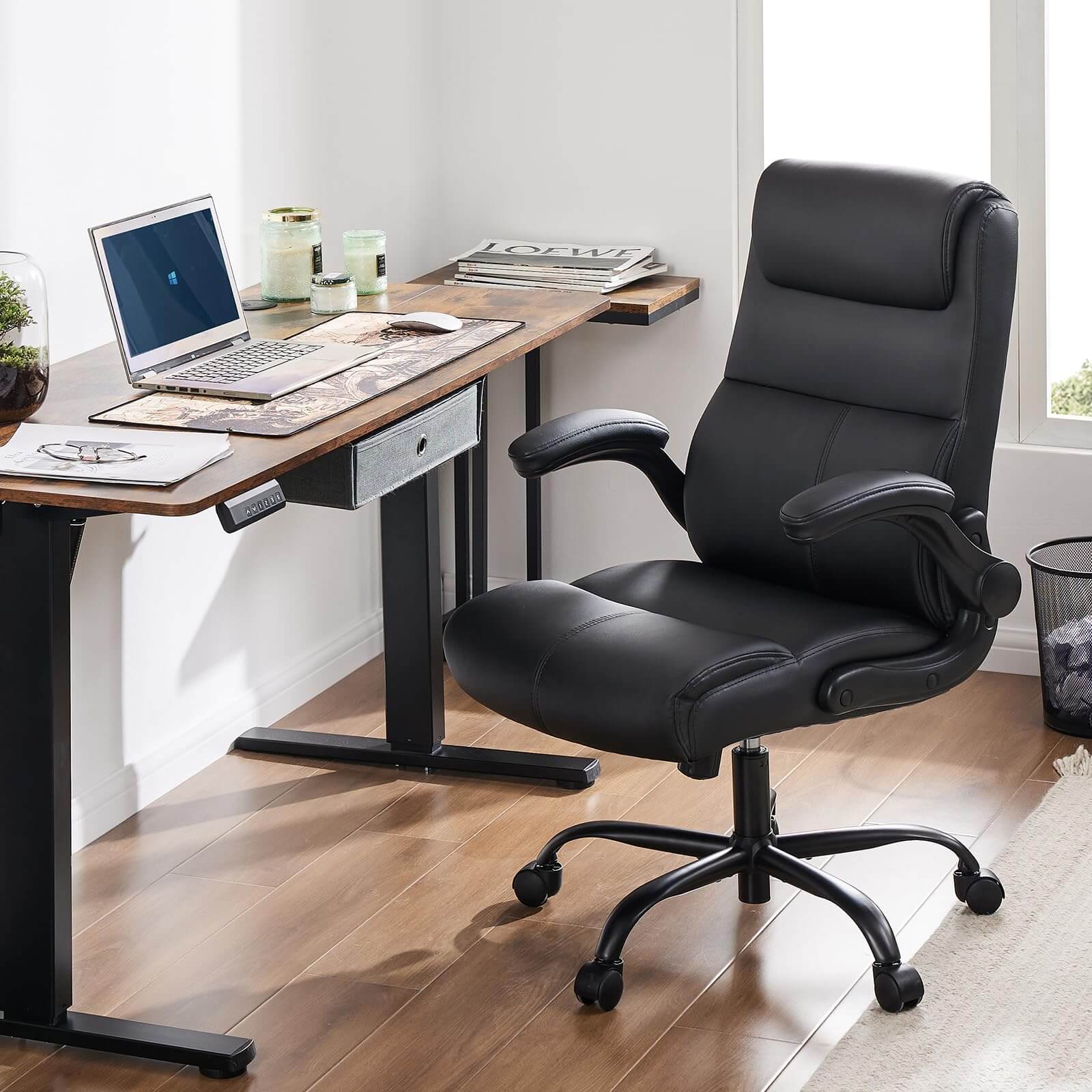 JOYFINITY PU Leather 360° Swivel Ergonomic Office Chair with Flip-up Armrest and Lumbar Support