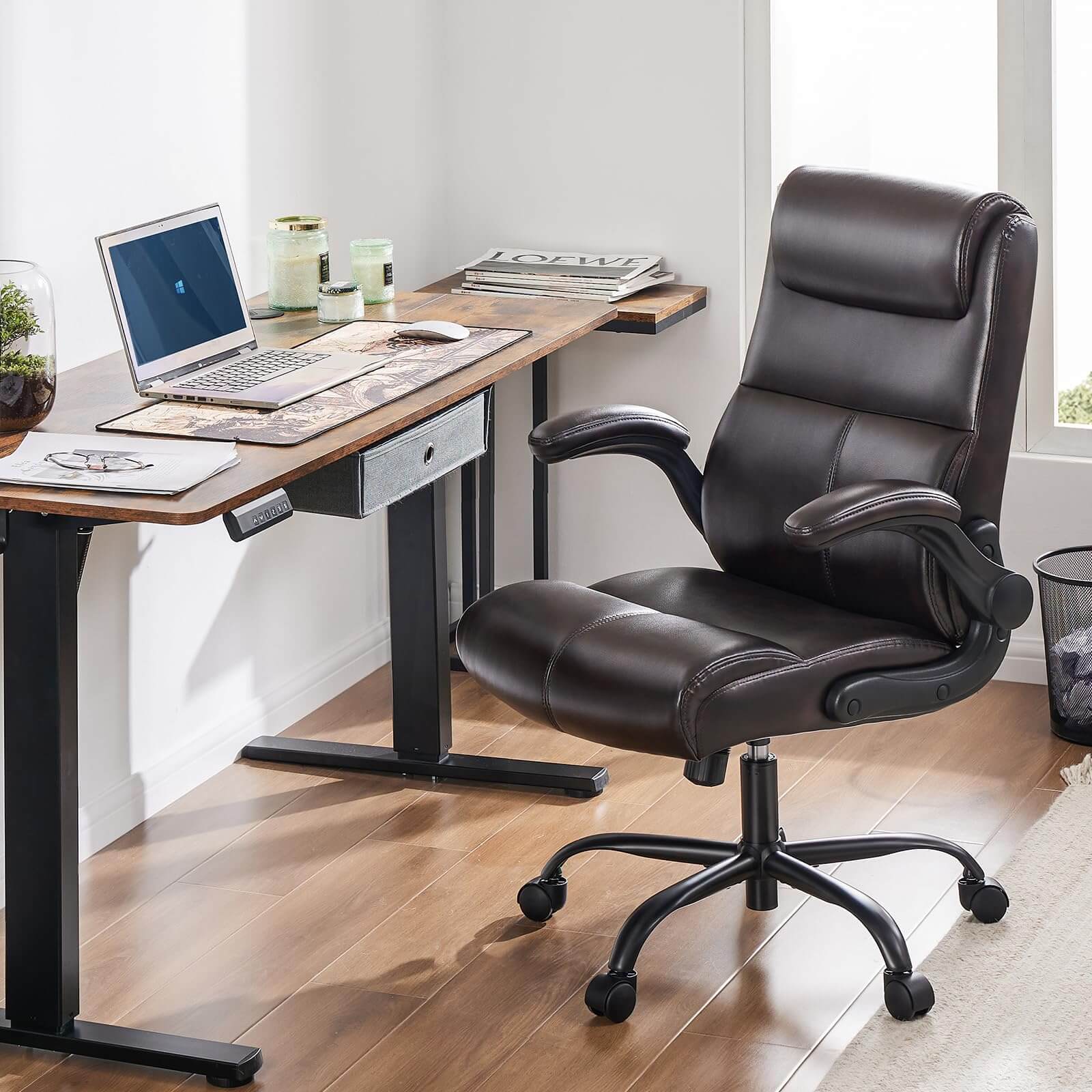 JOYFINITY PU Leather 360° Swivel Ergonomic Office Chair with Flip-up Armrest and Lumbar Support