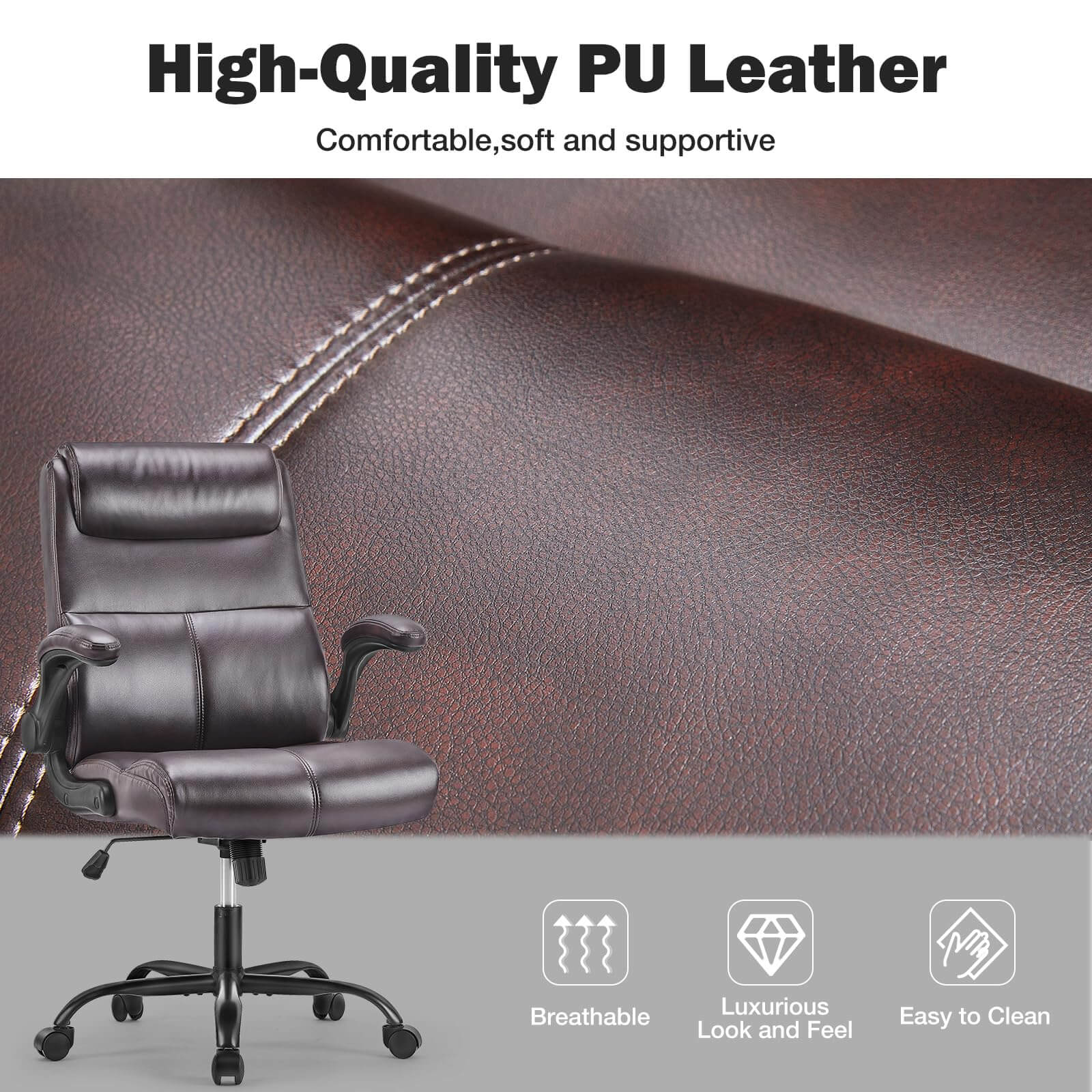 JOYFINITY PU Leather 360° Swivel Ergonomic Office Chair with Flip-up Armrest and Lumbar Support