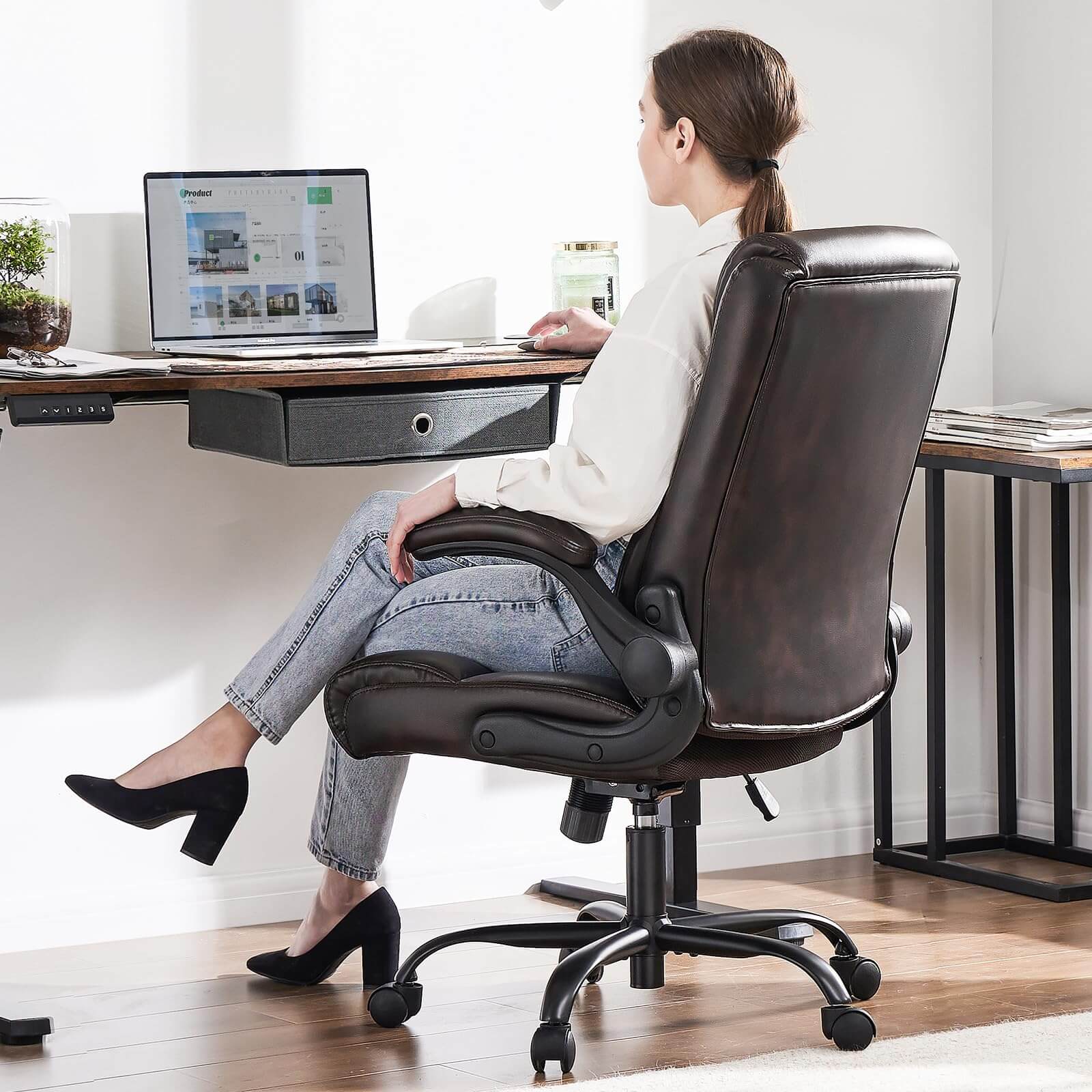 JOYFINITY PU Leather 360° Swivel Ergonomic Office Chair with Flip-up Armrest and Lumbar Support