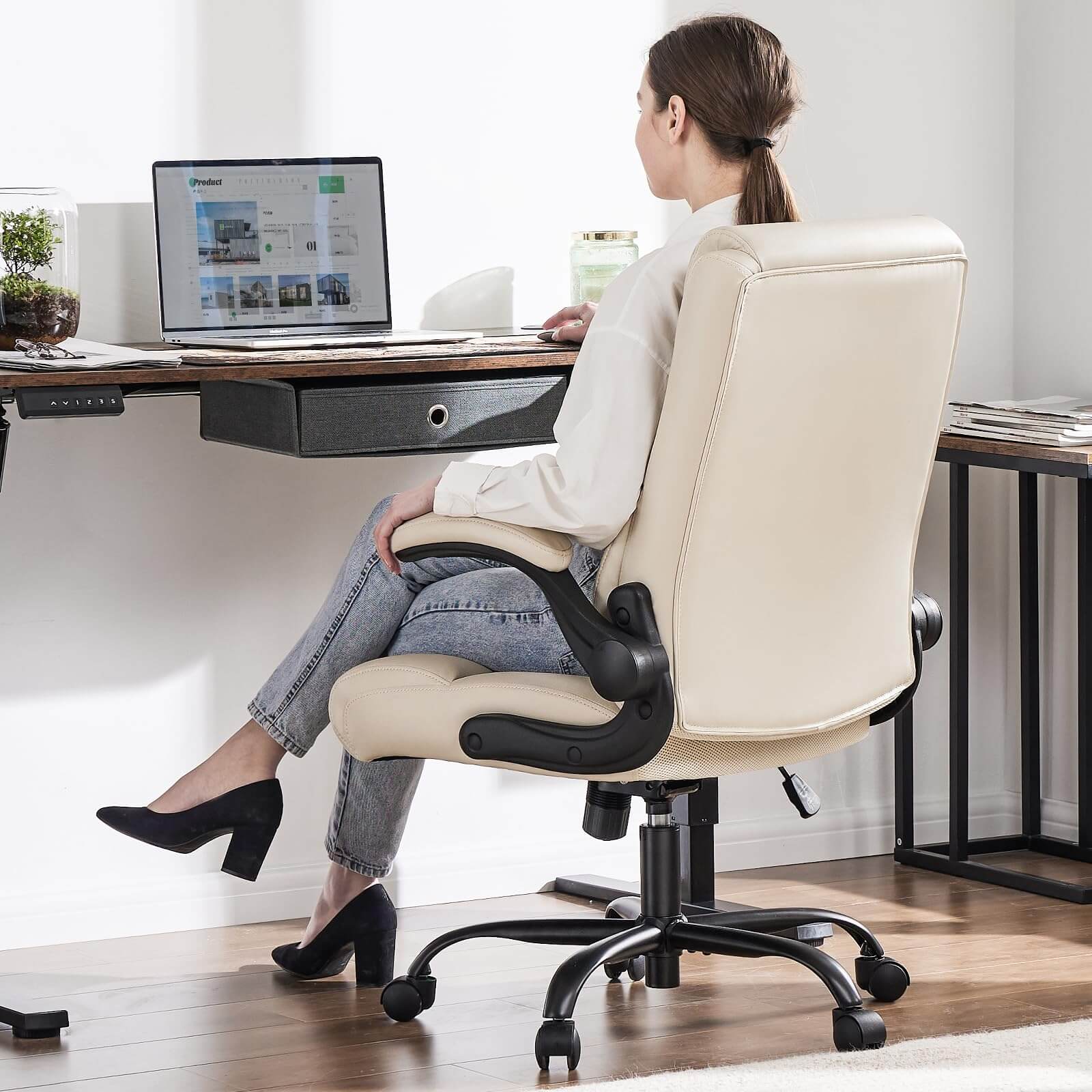 JOYFINITY PU Leather 360° Swivel Ergonomic Office Chair with Flip-up Armrest and Lumbar Support