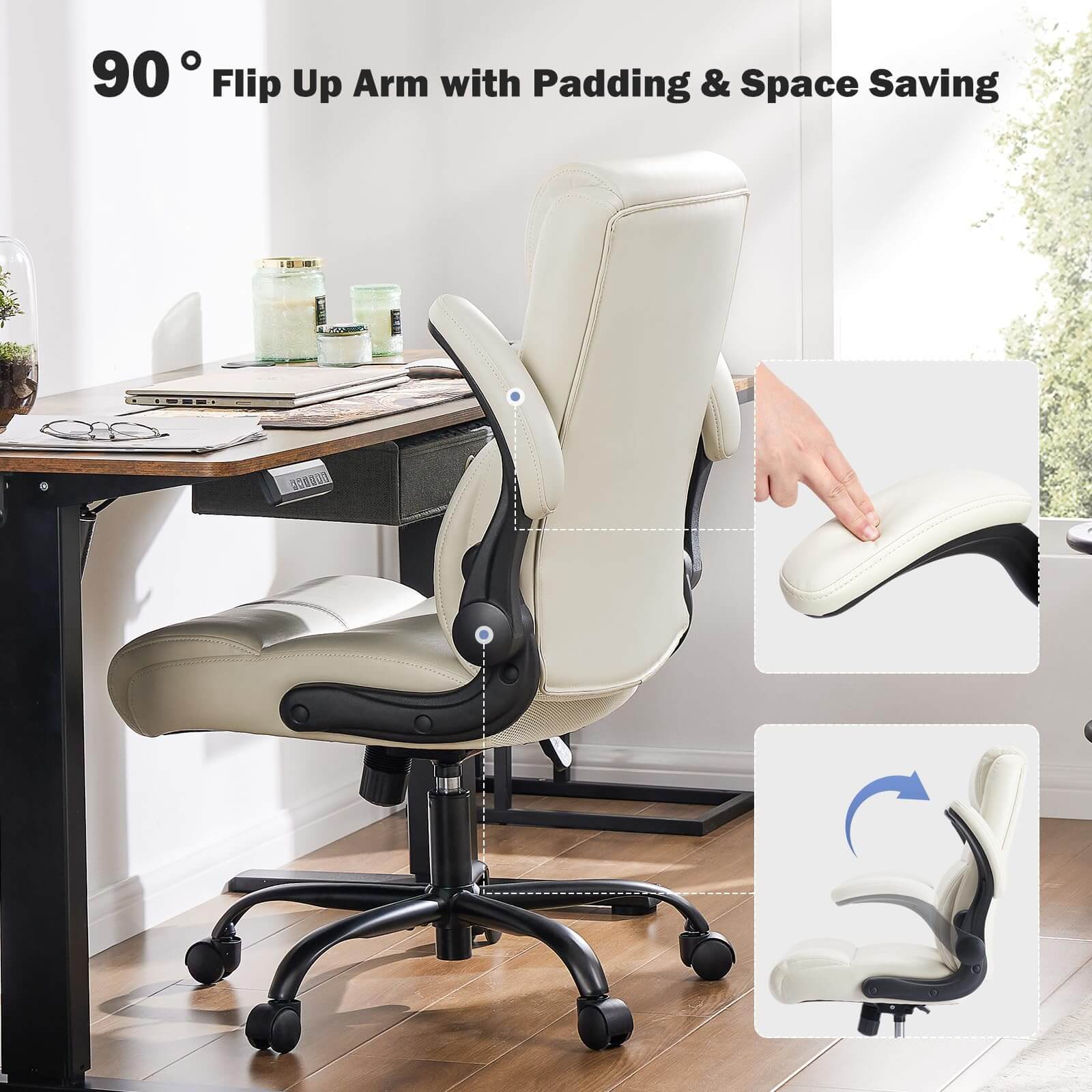 JOYFINITY PU Leather 360° Swivel Ergonomic Office Chair with Flip-up Armrest and Lumbar Support