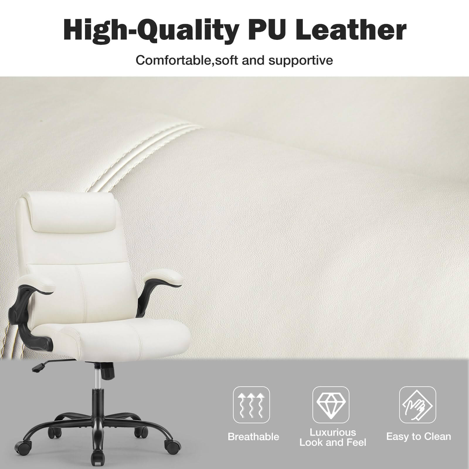 JOYFINITY PU Leather 360° Swivel Ergonomic Office Chair with Flip-up Armrest and Lumbar Support