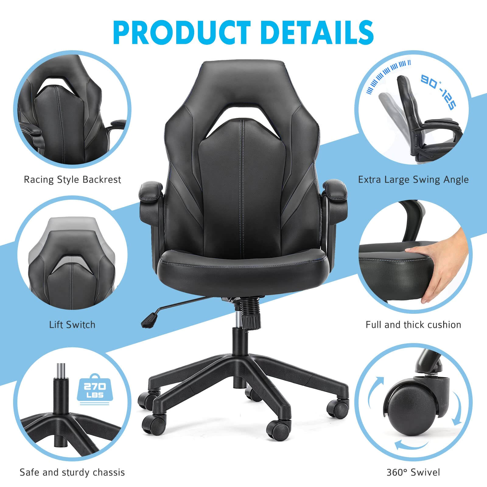 JOYFINITY PU Leather Ergonomic Office Chair Swivel Computer Gaming Chair with Lumbar Support