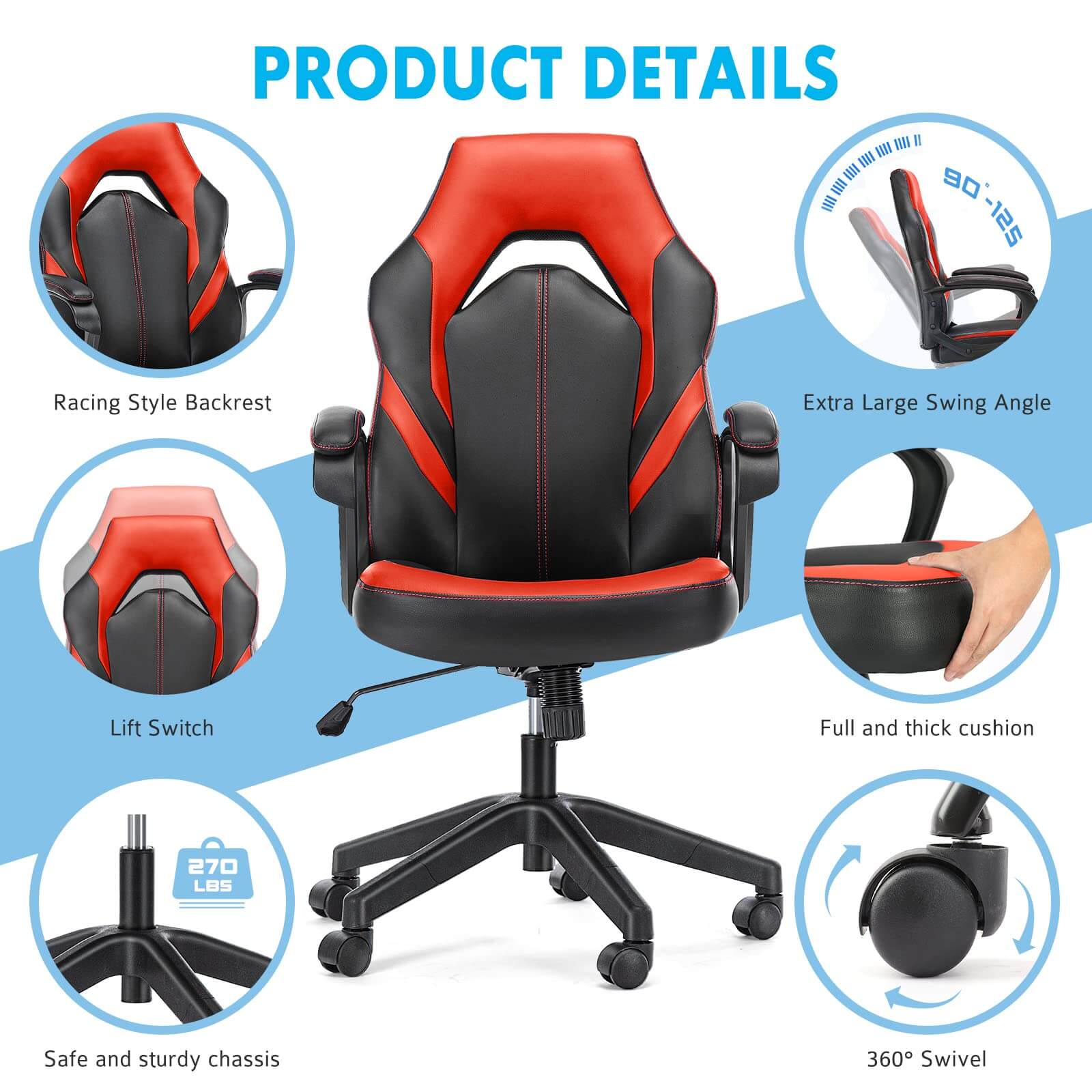 JOYFINITY PU Leather Ergonomic Office Chair Swivel Computer Gaming Chair with Lumbar Support