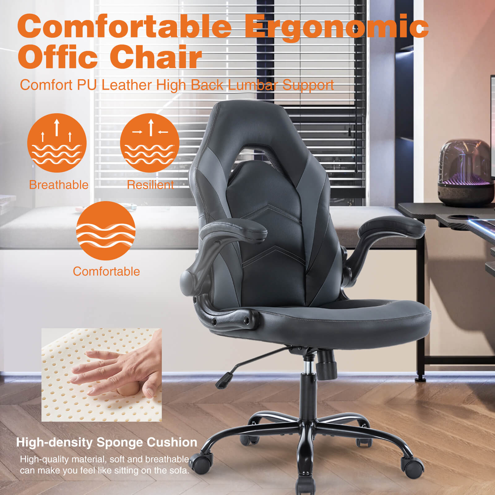 JOYFINITY PU Leather Ergonomic Gaming Chair with Flip-up Armrests and Lumbar Support