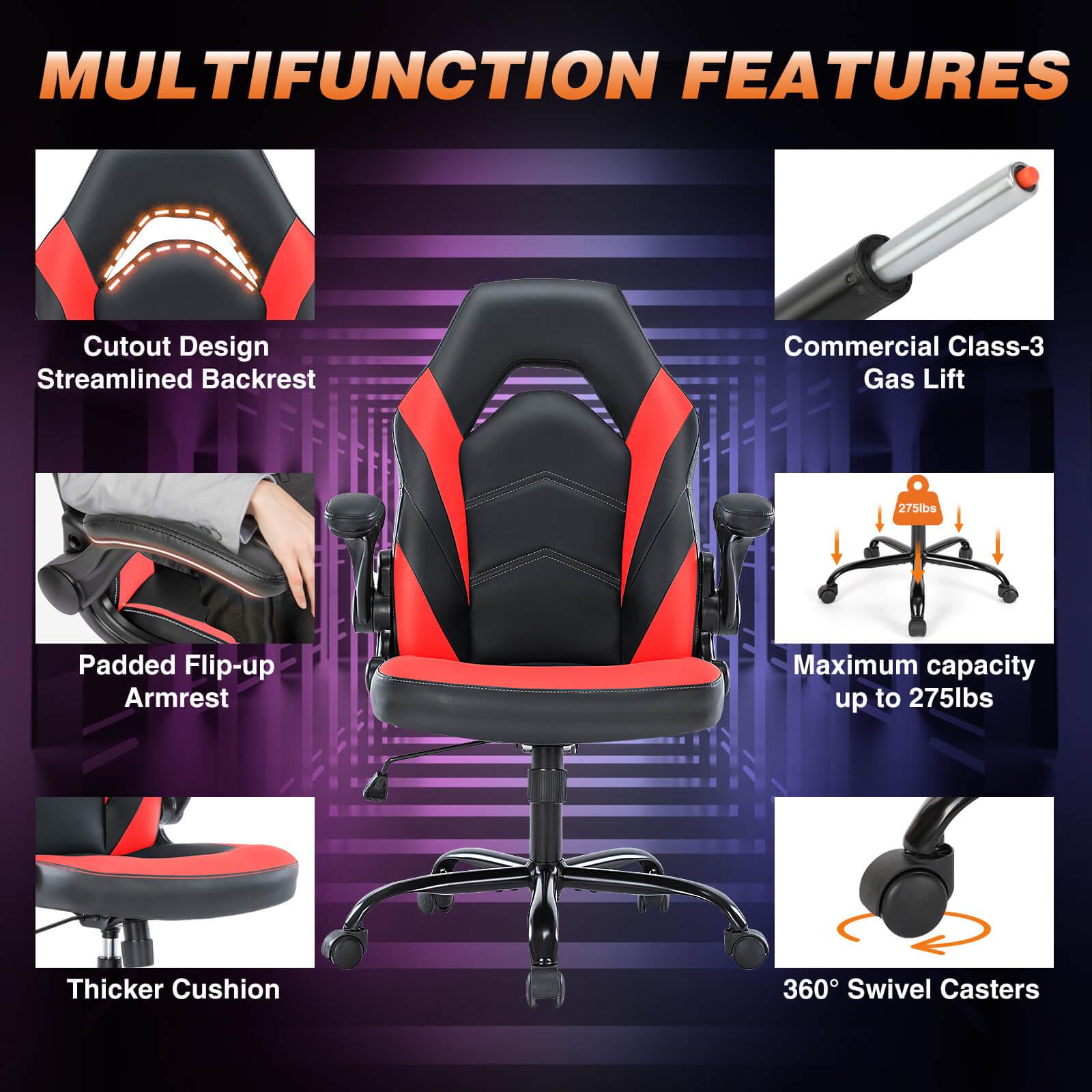 JOYFINITY PU Leather Ergonomic Gaming Chair with Flip-up Armrests and Lumbar Support