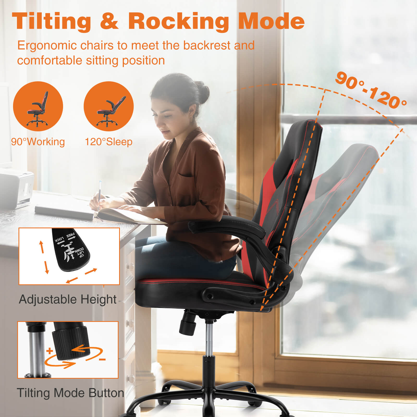 JOYFINITY PU Leather Ergonomic Gaming Chair with Flip-up Armrests and Lumbar Support