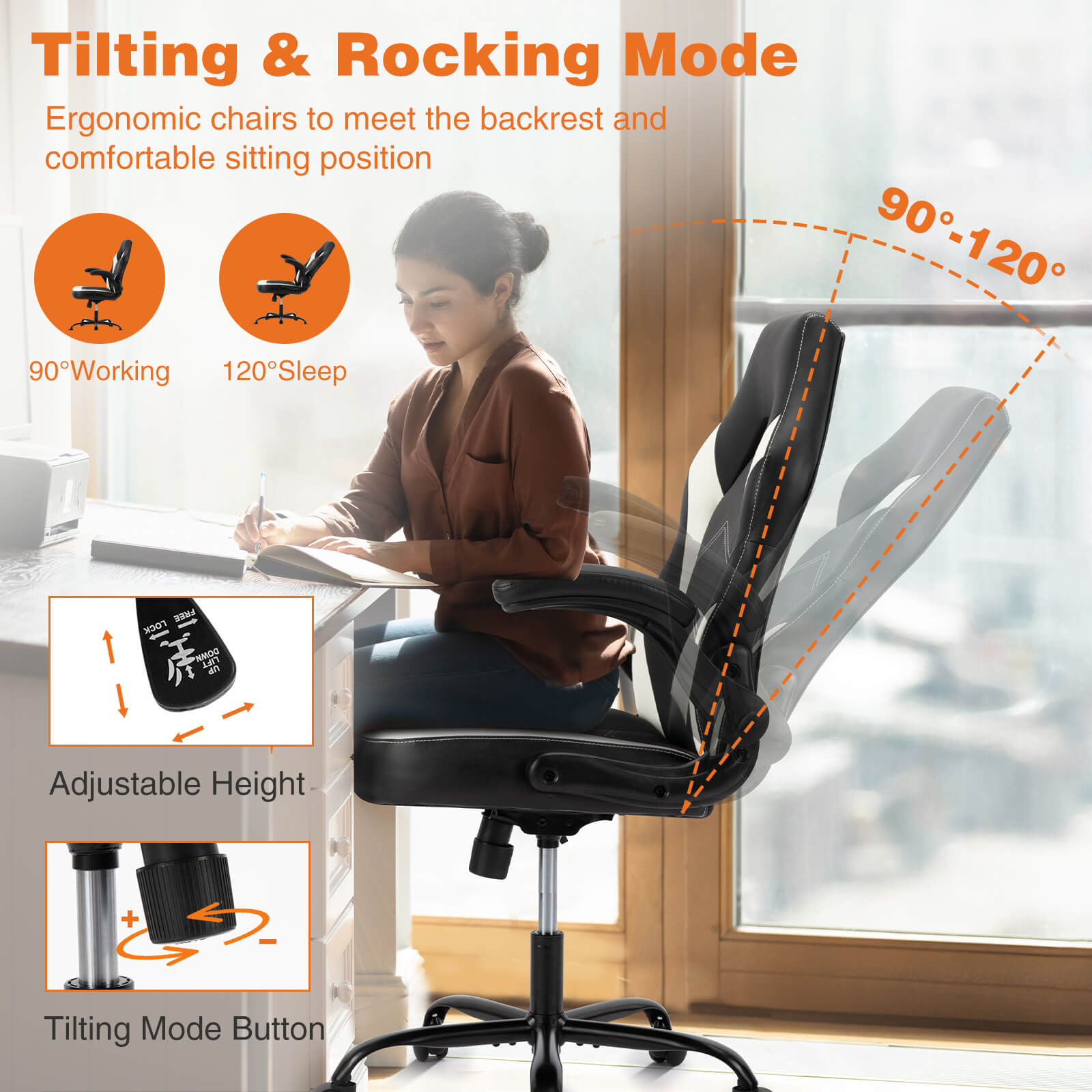 JOYFINITY PU Leather Ergonomic Gaming Chair with Flip-up Armrests and Lumbar Support