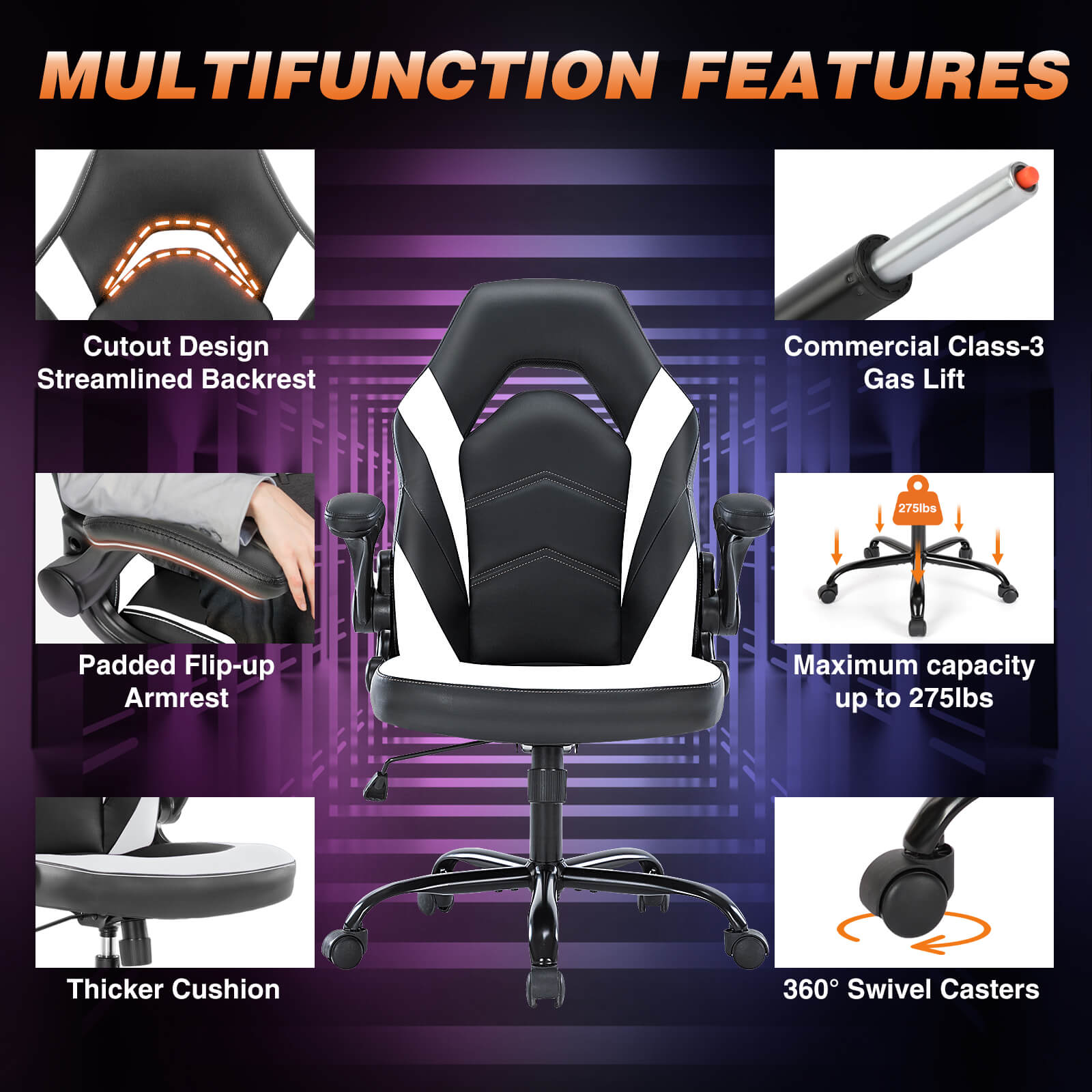 JOYFINITY PU Leather Ergonomic Gaming Chair with Flip-up Armrests and Lumbar Support