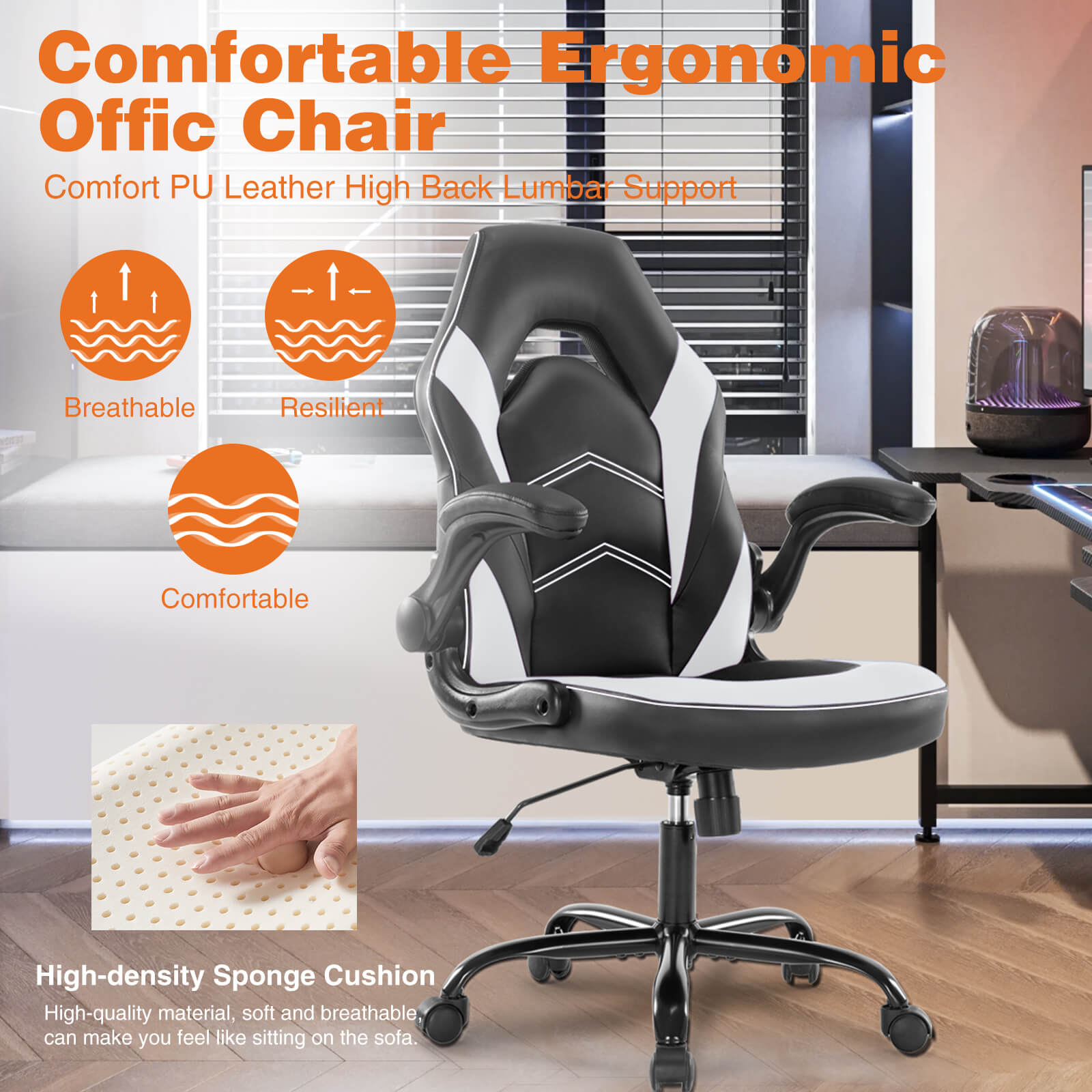 JOYFINITY PU Leather Ergonomic Gaming Chair with Flip-up Armrests and Lumbar Support