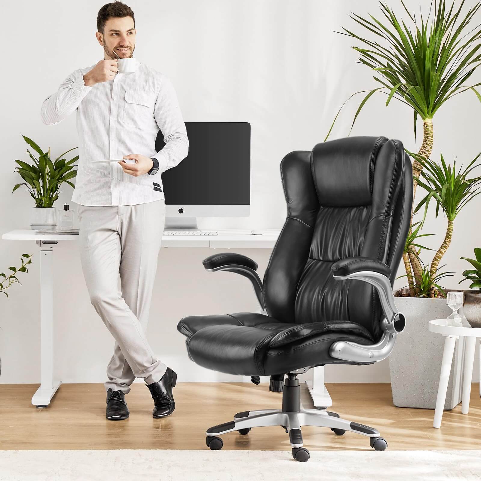 JOYFINITY PU Leather Ergonomic Adjustable Height Office Chair with Lumbar Support Flip-up Padded Armrests