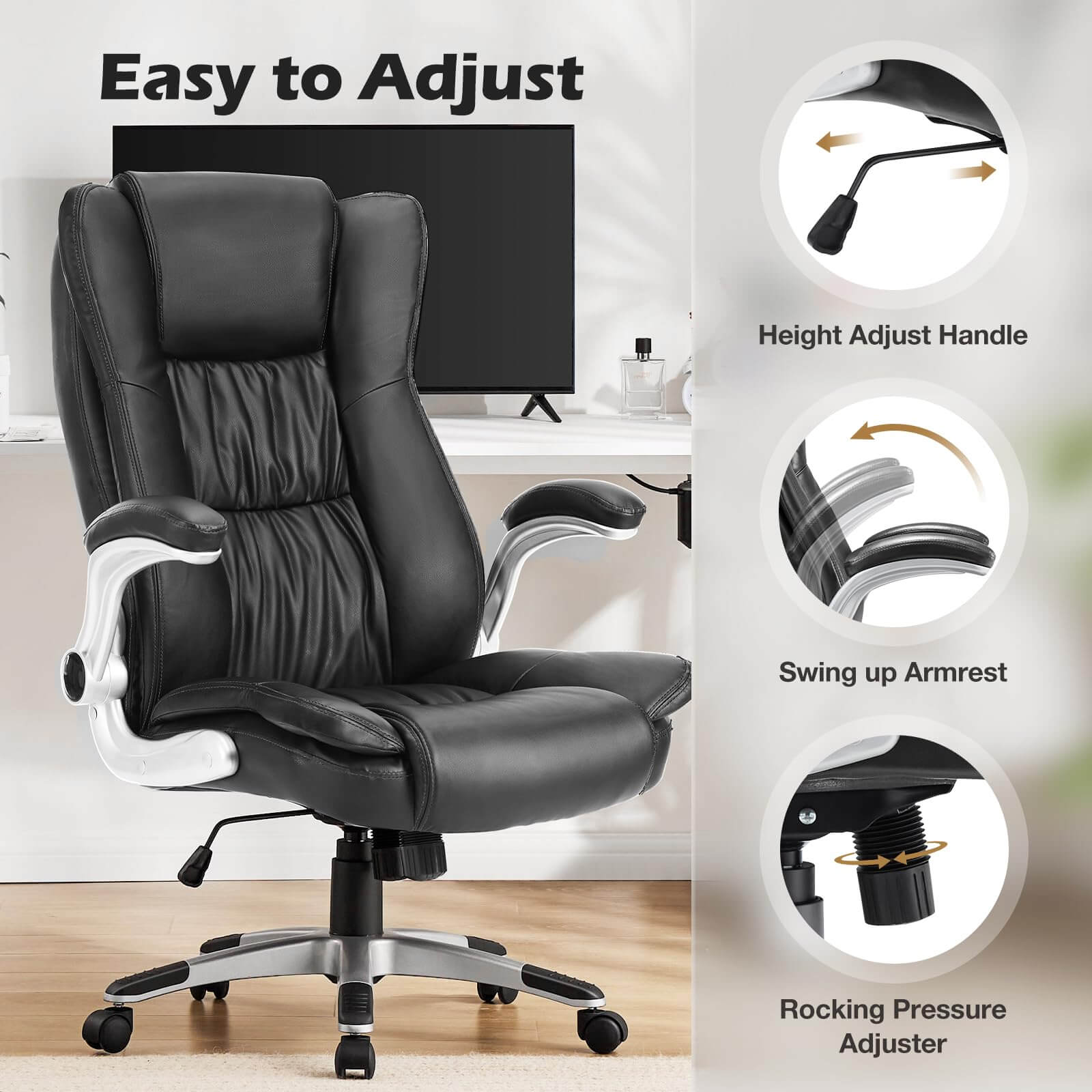 JOYFINITY PU Leather Ergonomic Adjustable Height Office Chair with Lumbar Support Flip-up Padded Armrests