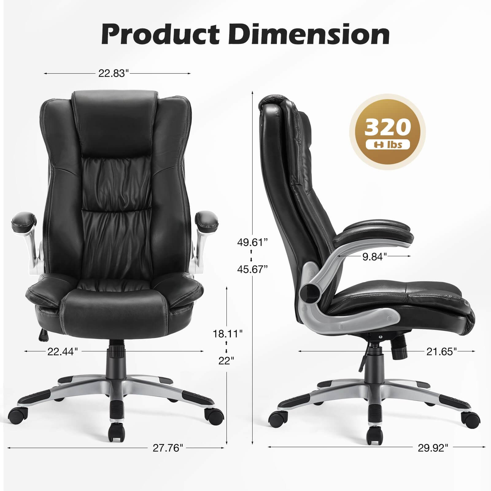 JOYFINITY PU Leather Ergonomic Adjustable Height Office Chair with Lumbar Support Flip-up Padded Armrests