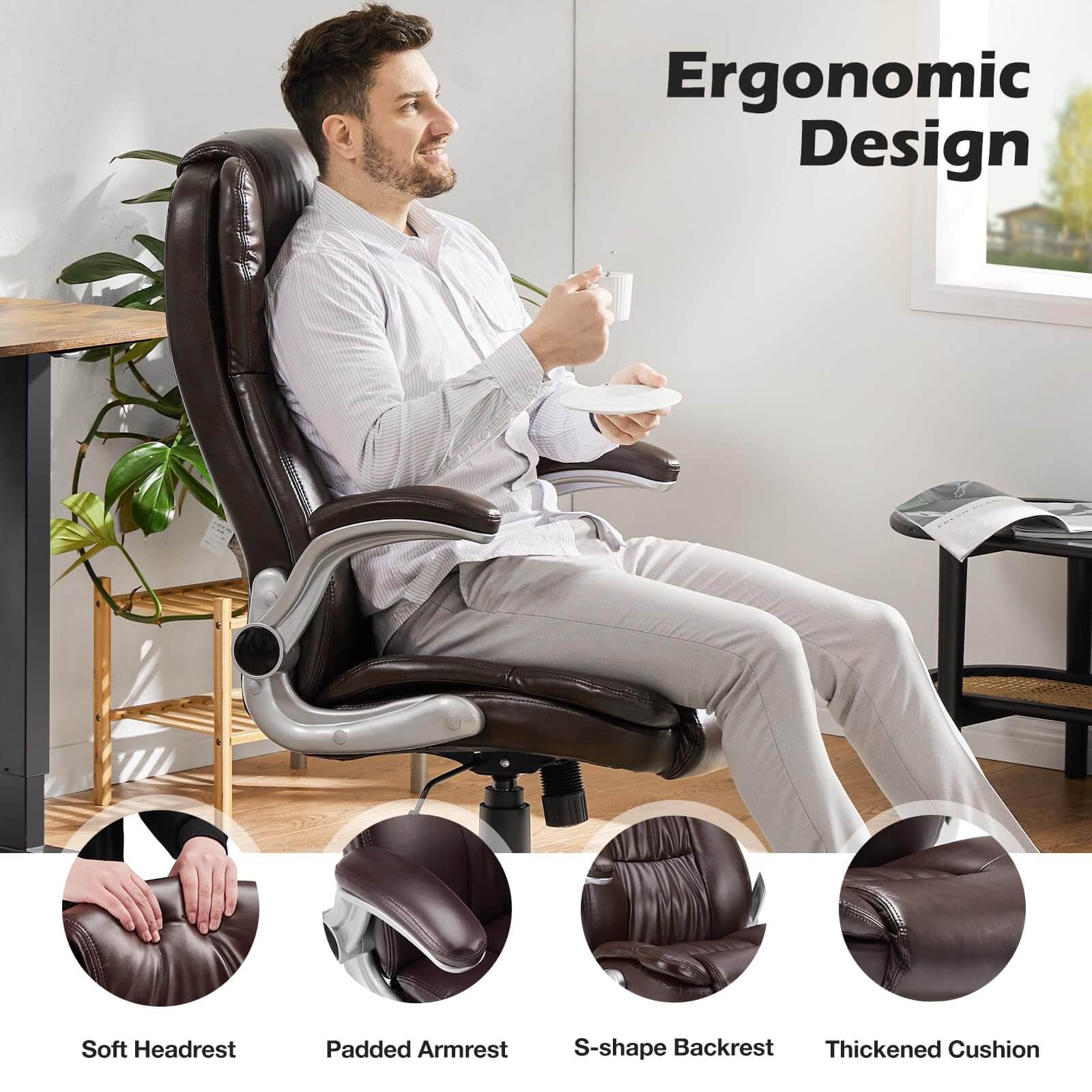 JOYFINITY PU Leather Ergonomic Adjustable Height Office Chair with Lumbar Support Flip-up Padded Armrests