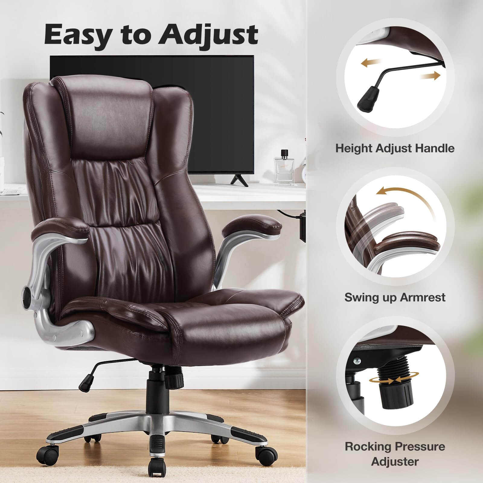 JOYFINITY PU Leather Ergonomic Adjustable Height Office Chair with Lumbar Support Flip-up Padded Armrests